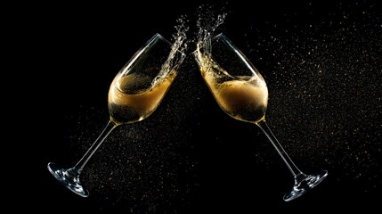 Two champagne glasses capturing the dynamic splash of liquid, illuminated by golden light against a dark gradient backdrop.