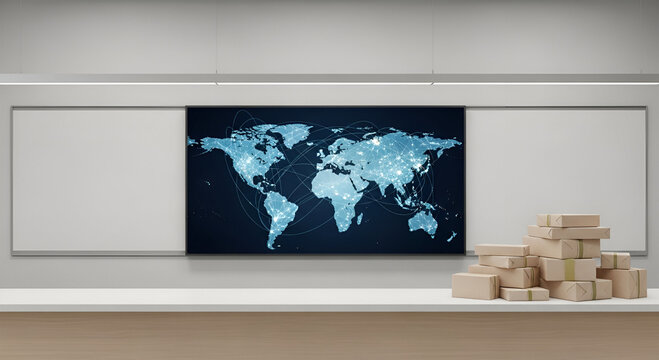 Global logistics network visualized; packages ready for worldwide shipment.