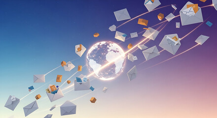 Global email communication network, illustrated by a glowing earth surrounded by swirling emails and data, world post day