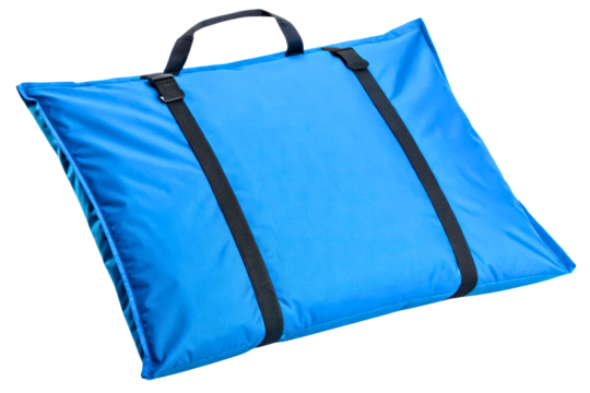 Padded blue waterproof stadium seat cushion with handles isolated with transparent background