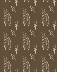 Seamless vector pattern with beige moths and branches on green and brown background for design projects
