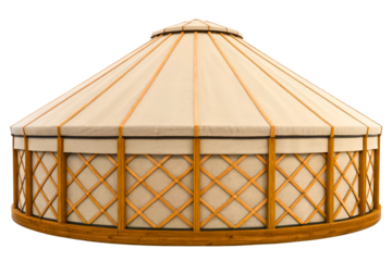 Traditional yurt dwelling with a circular wooden lattice frame isolated with transparent background