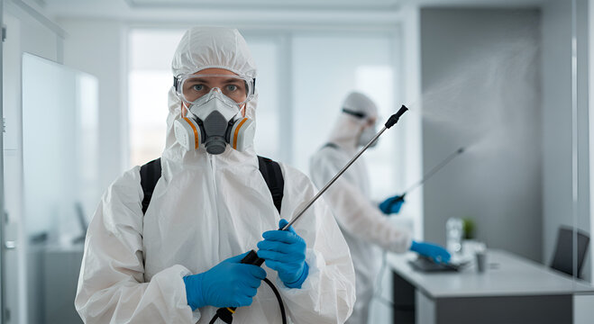 Sanitation worker in protective gear disinfects an office, colleague in background.