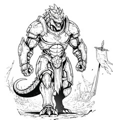Fototapeta premium A powerful, armored reptilian warrior stands ready for battle, with a tattered banner in the background.