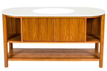 Modern wooden bathroom vanity cabinet with a white countertop isolated with transparent background