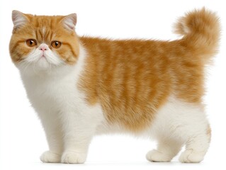 Orange and white exotic shorthair cat standing, side view, fluffy tail, on white background. Cute, stocky build