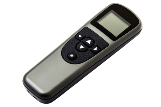 Handheld gray presentation remote control with a small screen isolated with transparent background