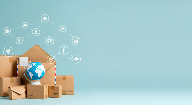 Brown cardboard boxes and an envelope with a globe, surrounded by digital connection icons, on a light blue background.
