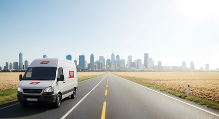 A white delivery van drives down a road towards a city skyline on a clear, sunny day, world post day