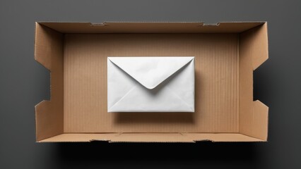 Cardboard box with white envelope on dark background  empty box, triangular envelope with flap, jagged edges.