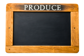 Wooden-framed chalkboard sign for a fresh produce market isolated with transparent background