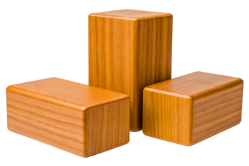 Set of three bamboo yoga blocks for stretching and support isolated with transparent background