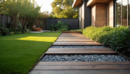 Fototapeta premium Serene modern garden with wooden walkway, lush greenery, and modern house facade under clear blue sky.