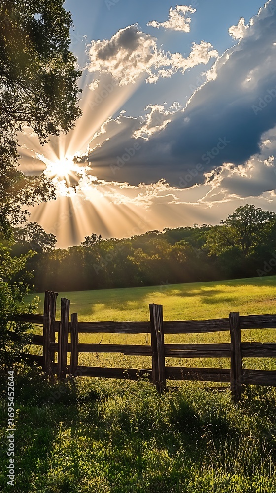 Poster sun rays through clouds over field and fence, creating a dramatic landscape