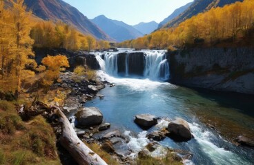 Obraz premium Majestic mountain waterfall landscape with flowing river, fall foliage, snowcapped peaks, and tranquil atmosphere