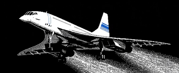 High-contrast image of an airplane taking off against a solid black background, using a detailed, cross-hatched illustration style