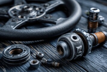 Automotive parts with a gray steering wheel on dark wood, showcasing metal details and mechanical components in a close-up perspective