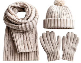Winter Hat, Scarf, and Gloves Set in Cozy Knit Fabric, Flat Lay, Isolated on Transparent Background