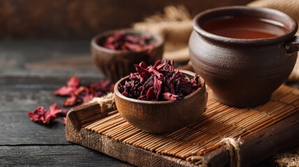 Aromatic herbal tea in rustic setting. Dried hibiscus flowers and filled ceramic cup on a wooden surface