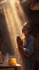 Humble Street Vendor in Prayer with Golden Rays Descending, Emotional Cinematic Close-Up in High Detail
