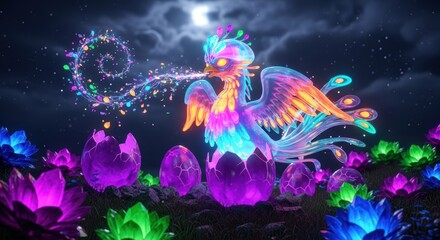 Fototapeta premium Crowned Jelly Phoenix Rising From Cracked Amethyst Eggs Breathing Electric Petals Into A Midnight Garden Of Singing Crystal Flowers