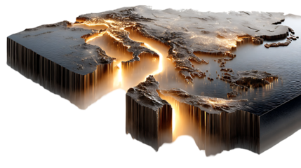 Stunning 3D render of illuminated Europe and Asia landmass geography map with golden light