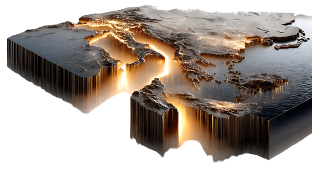 Stunning 3D render of illuminated Europe and Asia landmass geography map with golden light