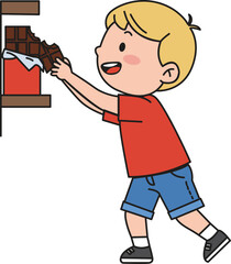 Cartoon Boy Reaching for Chocolate Bar on Shelf Smiling with Excitement.