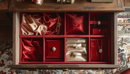A well-organized drawer showcases elegant jewelry and accessories, nestled within compartments lined with rich burgundy velvet.