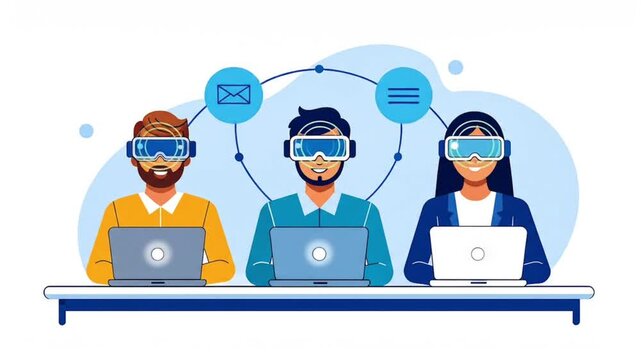 3 people with laptops and VR glasses, with communication icons in the background - Powered by Adobe