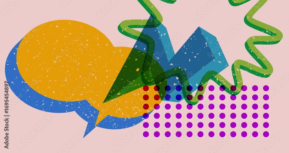 Poster risograph speech bubble with geometric shapes animation. moving object in trendy riso graph design v