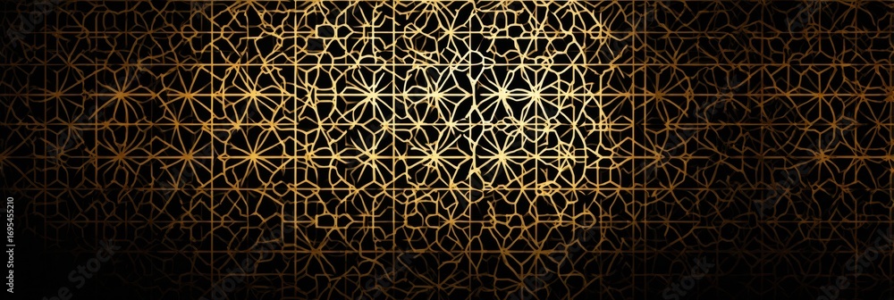 Poster intricate geometric pattern design illuminated with golden tones in a dark background