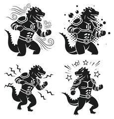 Fototapeta premium Four stylized illustrations of a muscular reptilian superhero with different energy effects.