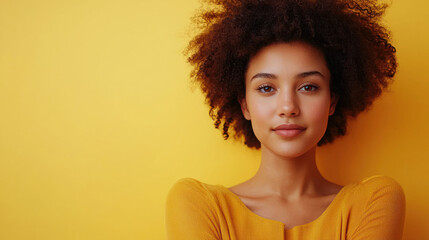 A young woman with curly hair wearing a yellow top, standing against a yellow background.