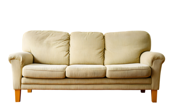 A light beige three-seater sofa with wooden legs stands prominently against a black backdrop, showcasing its classic design and simple elegance.