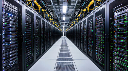 A long, narrow hallway with rows of black server racks and cables running along the ceiling.
