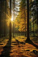 Golden sunbeams pierce dense forest canopy trees sunlight