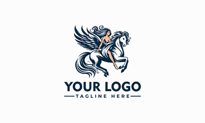 Elegant woman riding a winged horse, a logo design featuring mythical creatures.