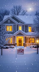 A charming suburban house, blanketed in snow, displays a "for sale" sign under a soft winter's night.