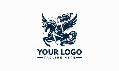 A stylized logo featuring a winged woman riding a winged horse, a design evoking mythology and fantasy.