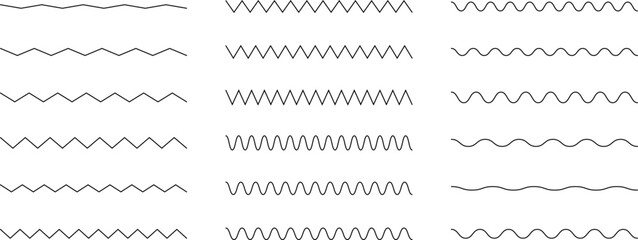 Set of wavy zigzag lines. Zigzag lines. Curvy lines collection. Vector water waves. Wavy zigzag lines. Zigzag vector elements. Waves line set. Wave ornament pattern
