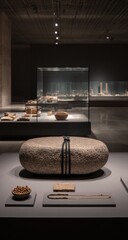 Large, oval-shaped stone object displayed in a museum exhibit.
