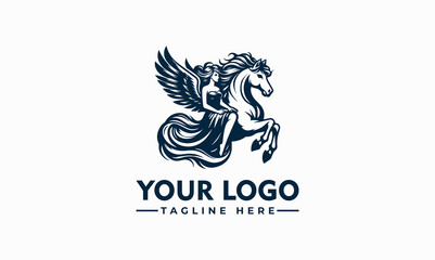 Elegant logo design featuring a winged horse and a woman, symbolizing grace, power, and freedom.