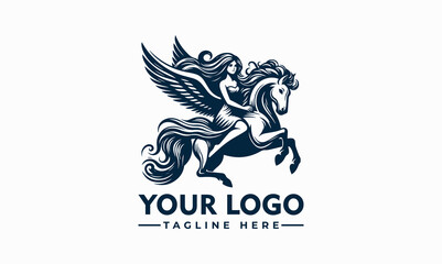 A mythical woman with flowing hair rides a winged horse, soaring through the air.