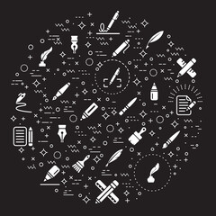 Simple Set of Pen and Pencil Related Vector Line Illustration. Contains such Icons as quill pen, marker pen, stationery, writing, literature, pen nib symbols And Other Elements.