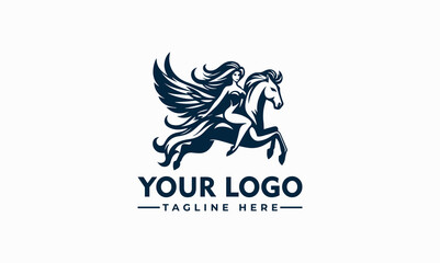 Graphic logo depicting a woman riding a winged horse, Pegasus, in a stylized, dark blue design.