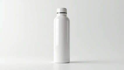 A white, polished metal water bottle stands on a plain white surface, showcasing a minimalist design.