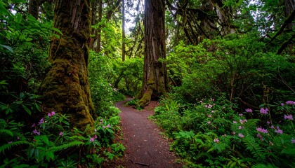 Fototapeta premium Pathway through Lush Rainforest with Towering Trees and Vibrant Foliage