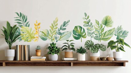 A collection of potted plants and decorative wall decals of leaves arranged on a shelf against a white wall.