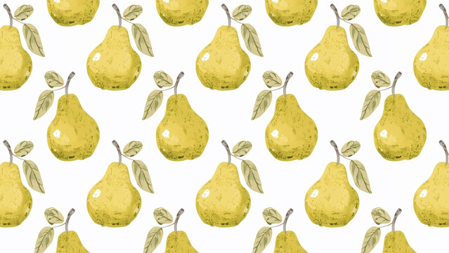 A seamless pear pattern illustration background with green leaves and white surface